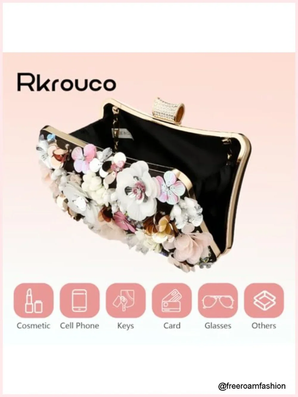Evening Clutch Bag - Satin Floral Handbag with Rhinestones, Detachable Chains